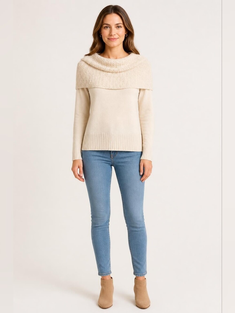 New York & Company Medium Cream Fold-Over Cowl Neck Sweater